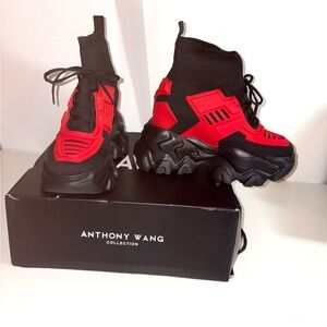 Anthony Wang pomegranate red and black platform sneakers